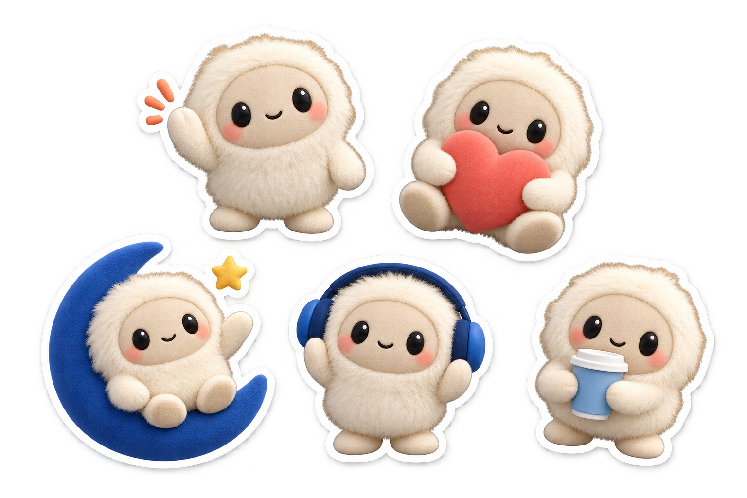 Five character sticker concepts: waving, heart-hugging, daydreaming, headphones, and coffee