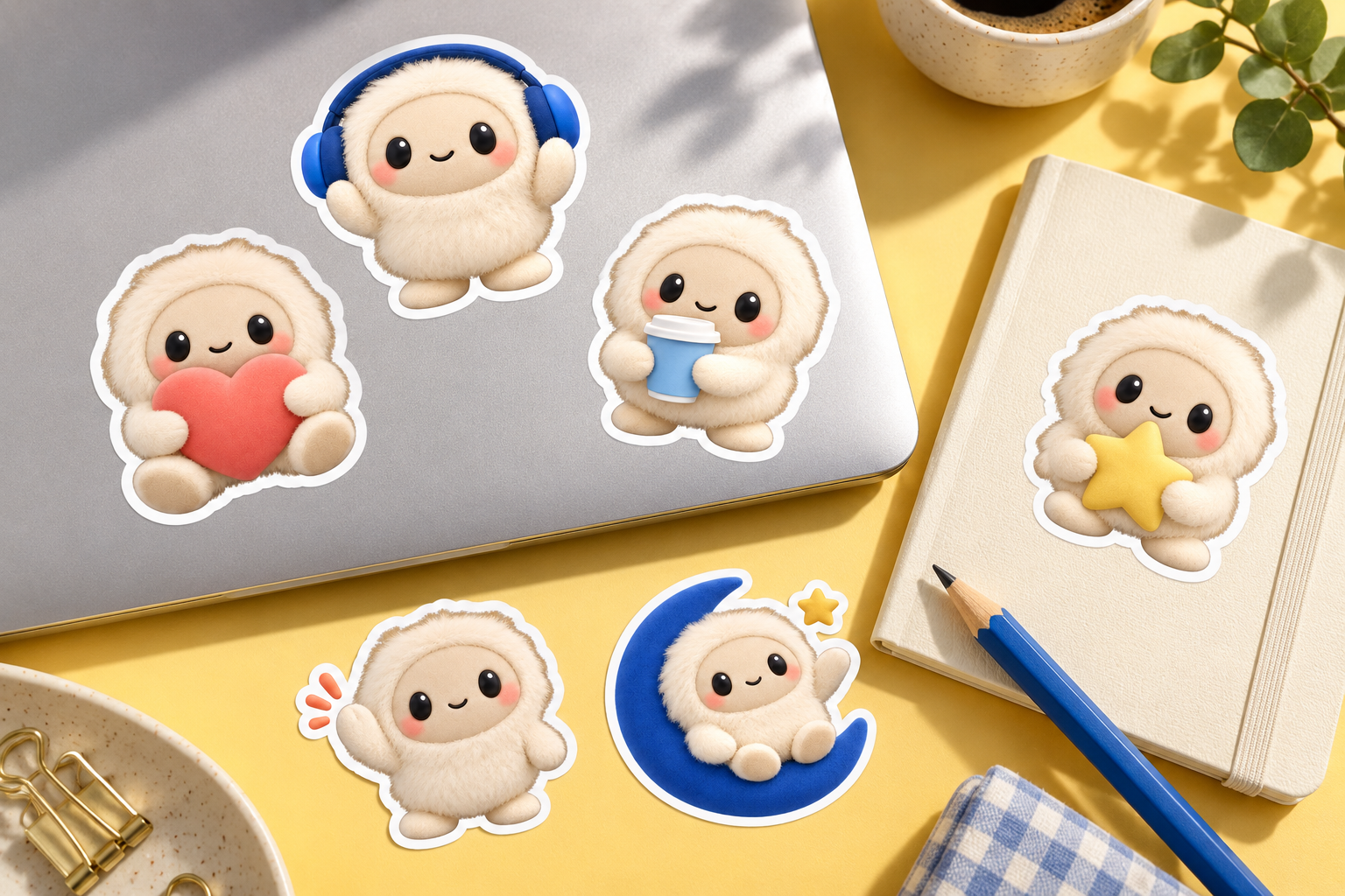 Muse-inspired character stickers decorating a laptop and notebook on a sunny yellow desk